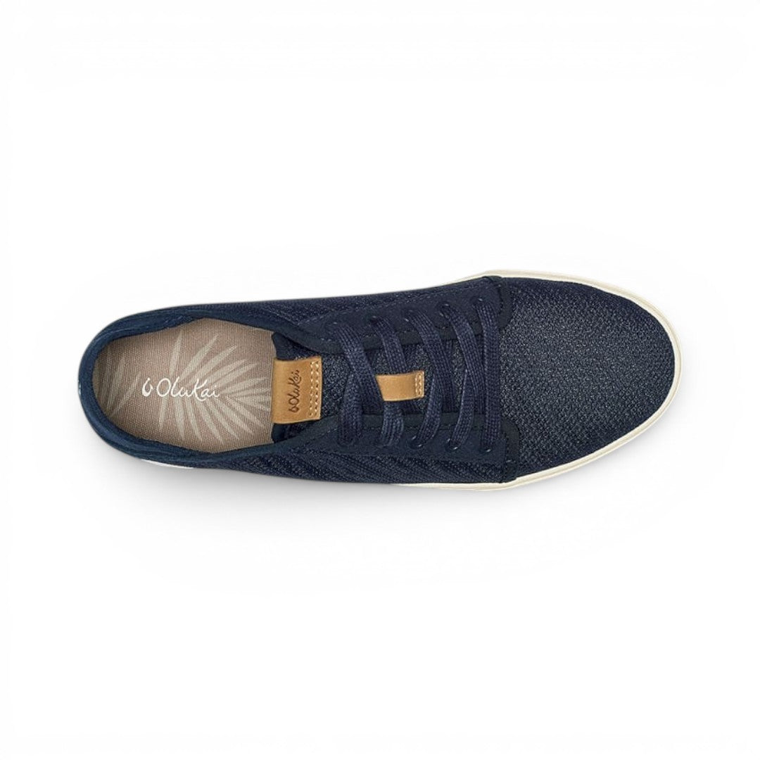 The Happy Shoe Shop Olukai Pehuea Li trench blue mesh lace-up sneaker with leather accents and fern print footbed