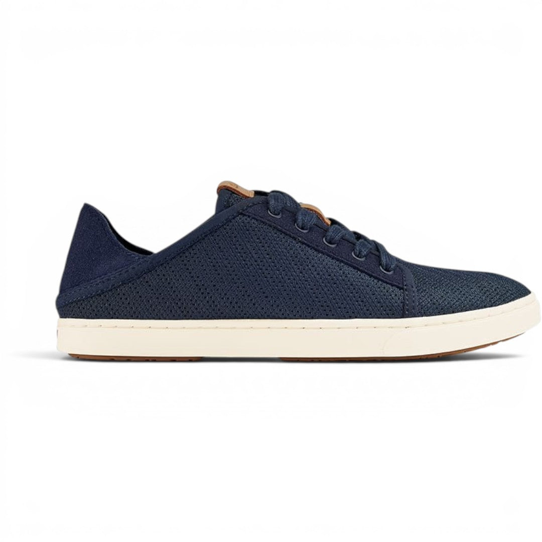 The Happy Shoe Shop Olukai Pehuea Li trench blue mesh lace-up sneaker with drop-in heel and leather accents.