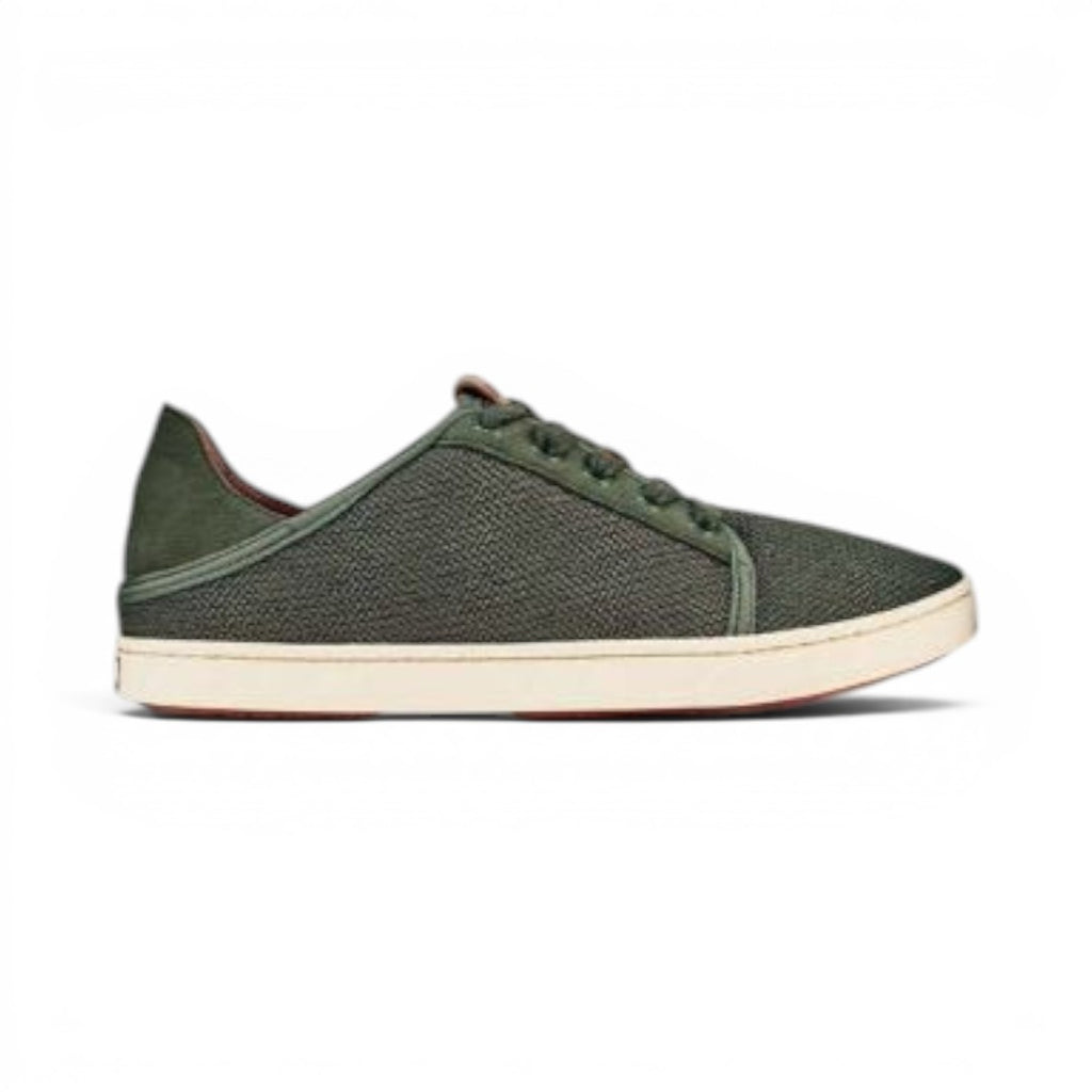 The Happy Shoe Shop Olukai Pehuea Li lace-up sneaker in dusty olive textured mesh with a drop-in heel design.