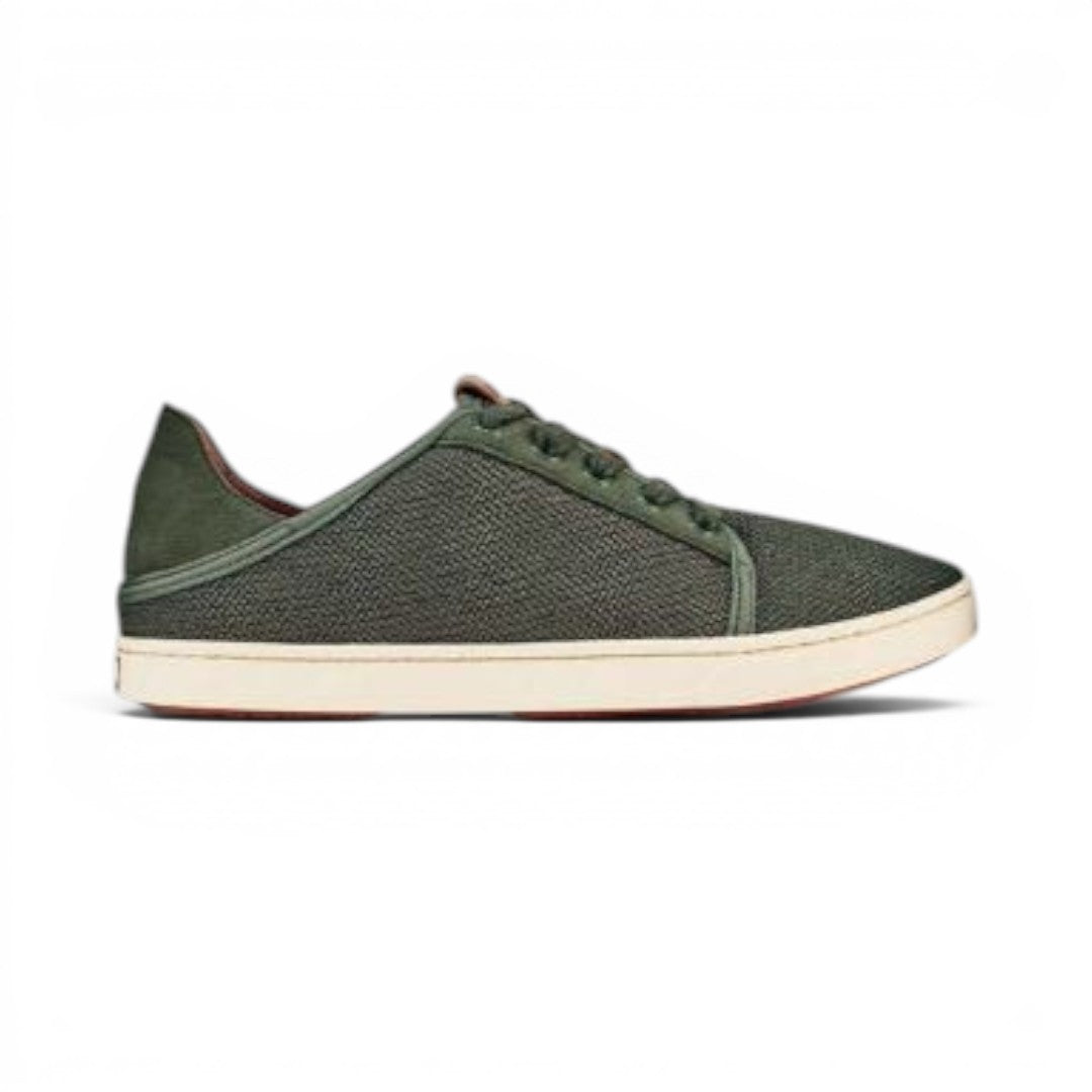 The Happy Shoe Shop Olukai Pehuea Li lace-up sneaker in dusty olive mesh with a white rubber sole and drop-in heel.