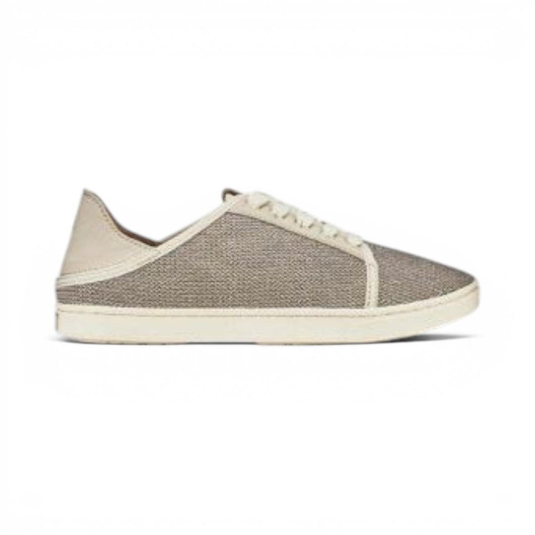 The Happy Shoe Shop Olukai Pehuea Li lace-up sneaker in Tapa Tapa textile with a versatile collapsible heel design.