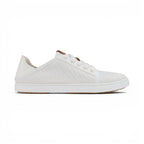 The Happy Shoe Shop Olukai Pehuea Li white mesh lace-up sneaker with tan leather accents and drop-in heel side view