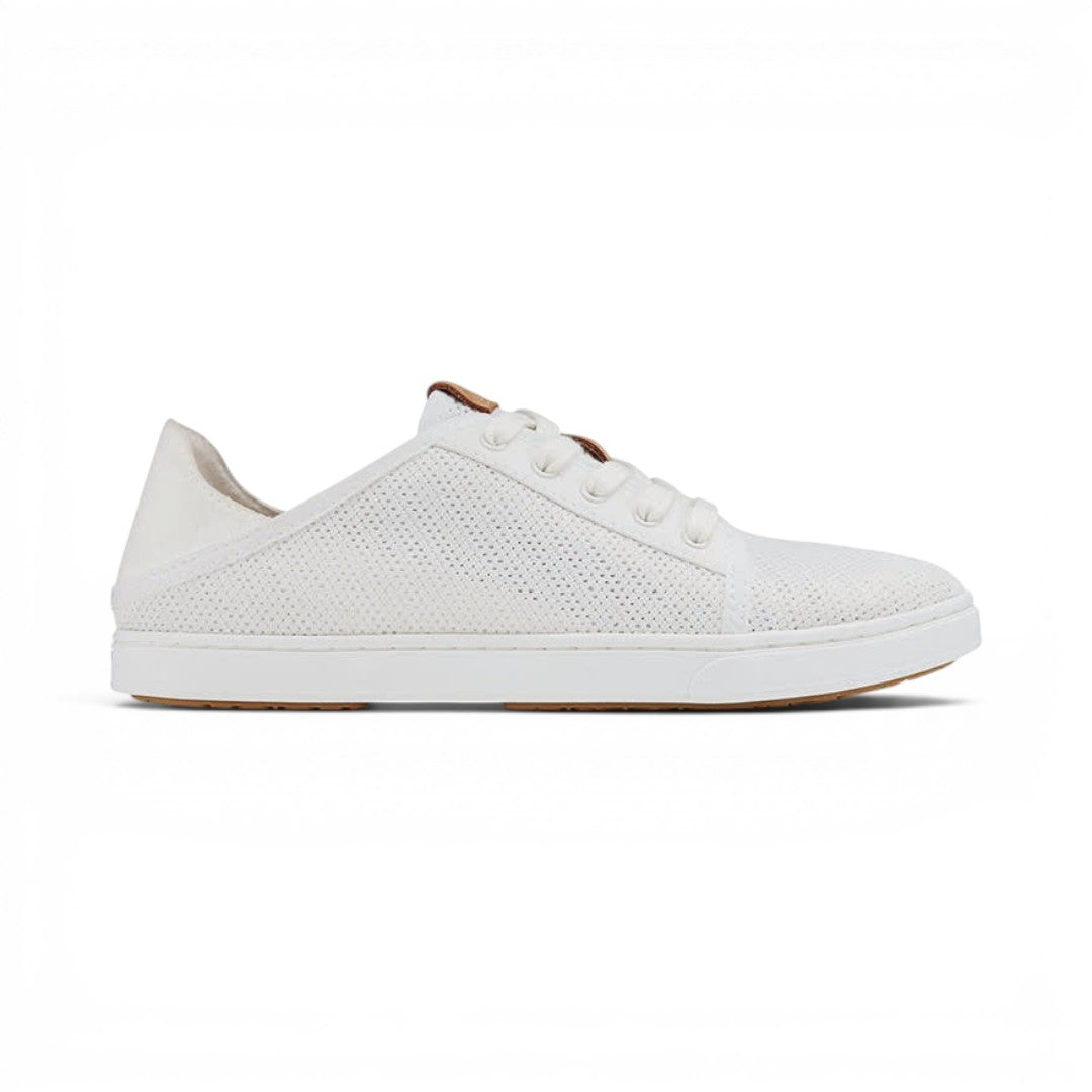 The Happy Shoe Shop Olukai Pehuea Li white mesh lace-up sneaker with tan leather accents and drop-in heel side view