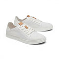 The Happy Shoe Shop Olukai Pehuea Li white mesh lace-up sneakers with tan leather accents and drop-in heel design.