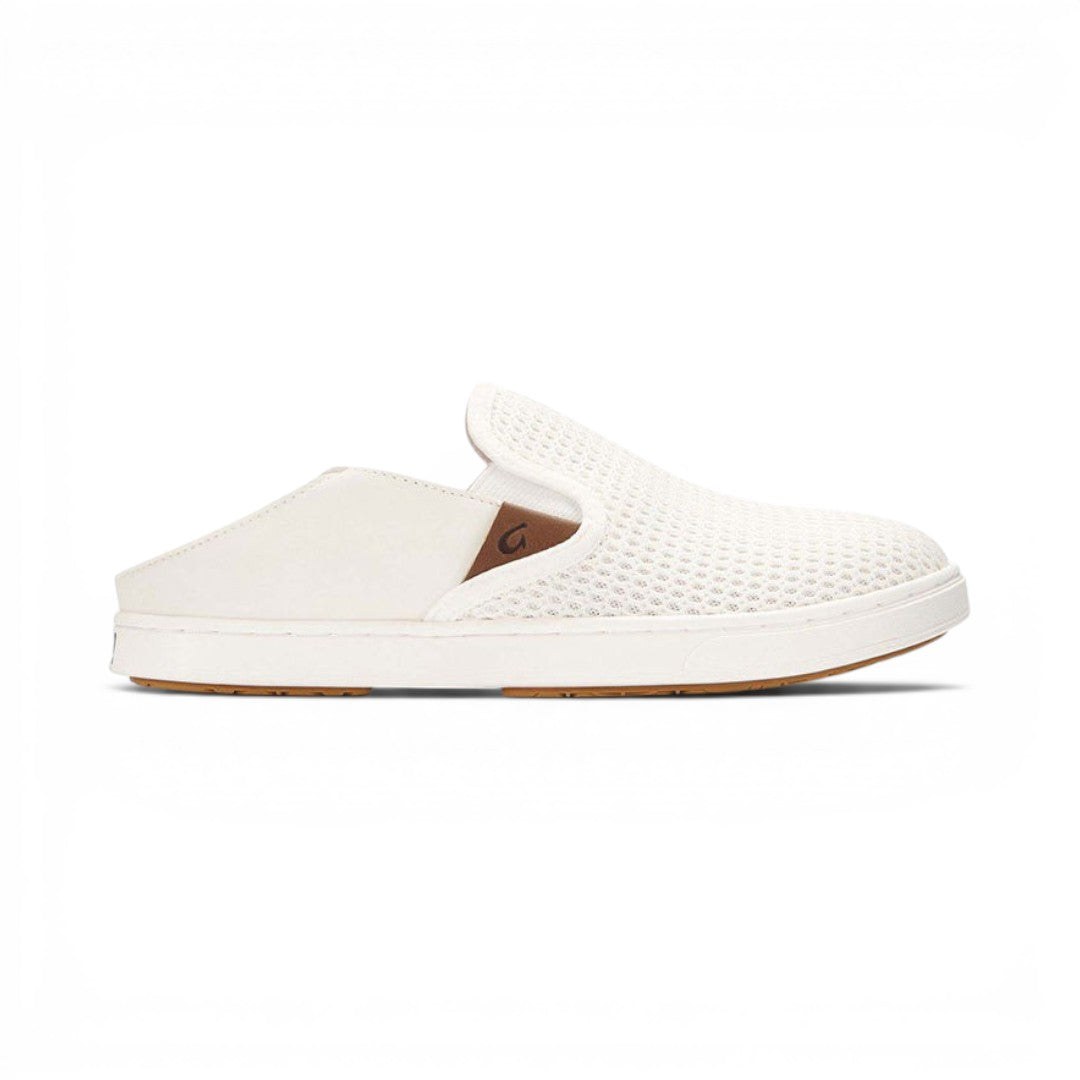 The Happy Shoe Shop Olukai Pehuea white mesh slip-on sneaker with a versatile drop-in heel design.
