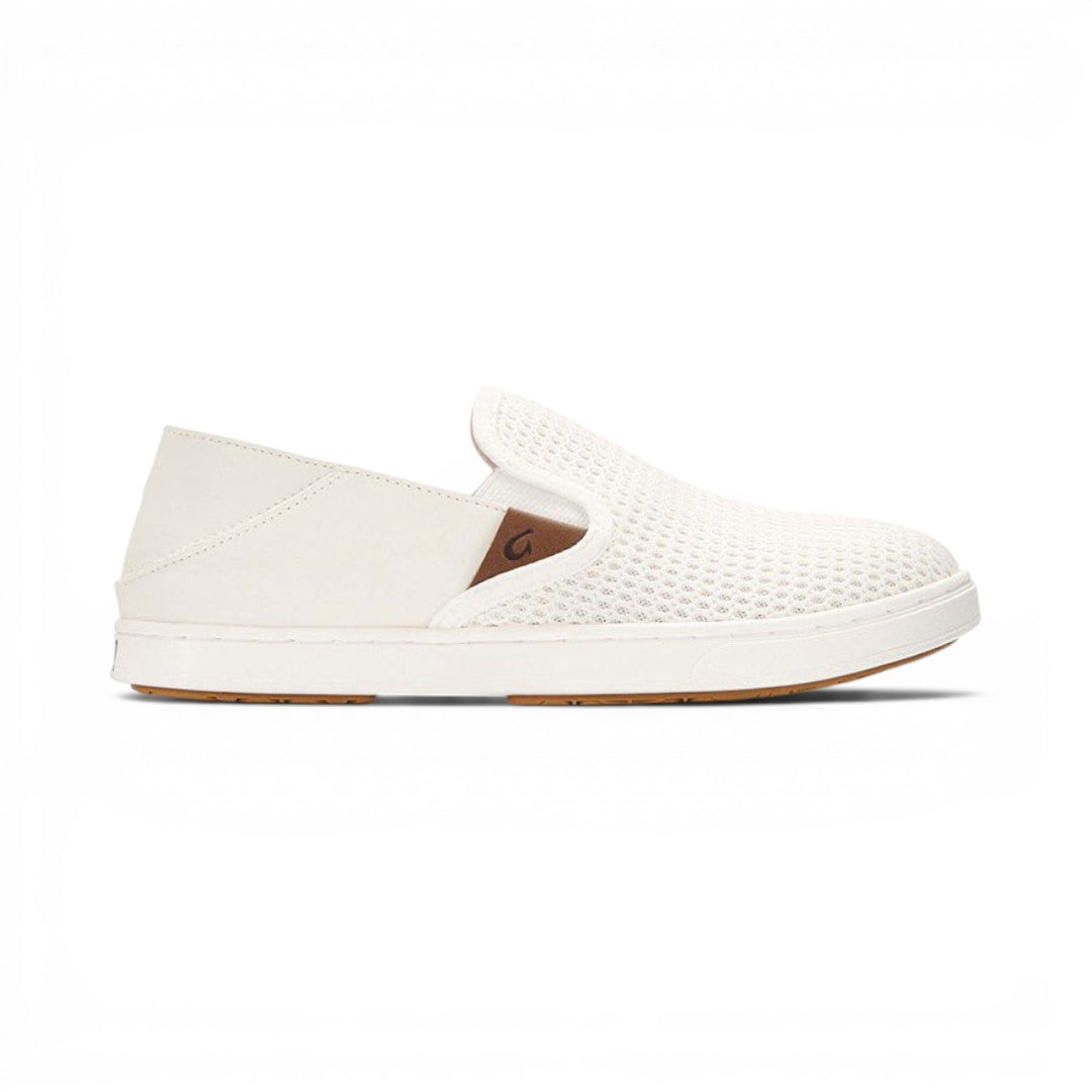 The Happy Shoe Shop Olukai Pehuea white mesh slip-on sneaker with signature drop-in heel design.