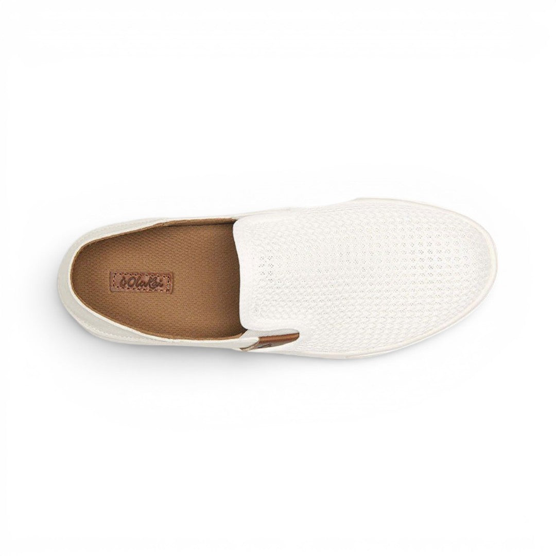 The Happy Shoe Shop Olukai Pehuea white mesh slip-on sneaker with a drop-in heel, top-down view.