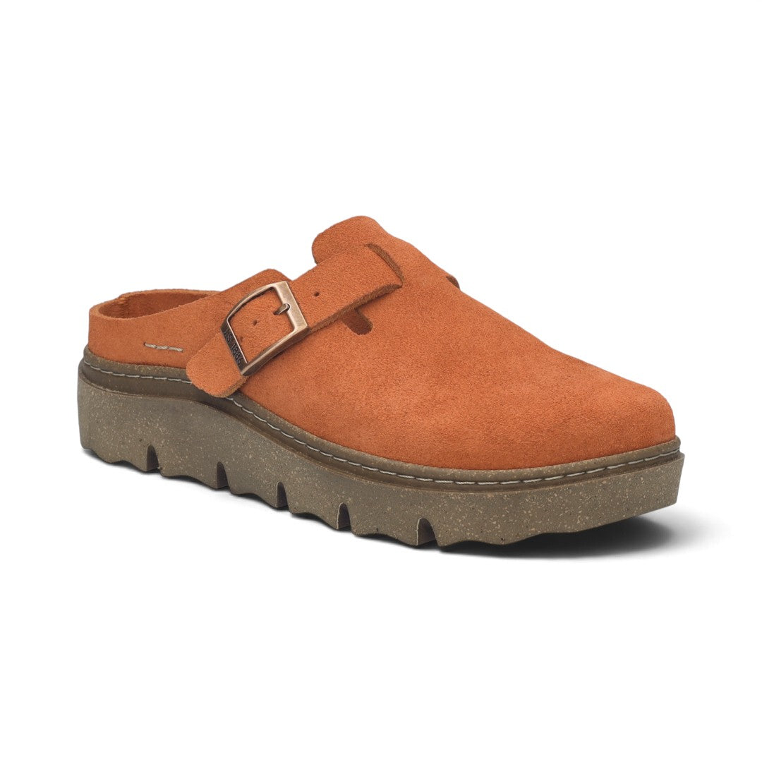 The Happy Shoe Shop Josef Seibel Carmaux 05 orange suede slide with an adjustable buckle and chunky lugged sole.