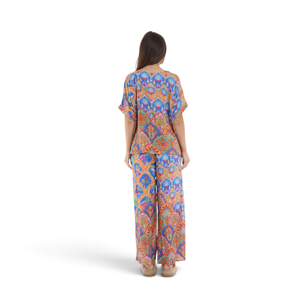 The Happy Shoe Shop Orientique Escape Aurora oversized rayon top and matching pants with a vibrant paisley floral print