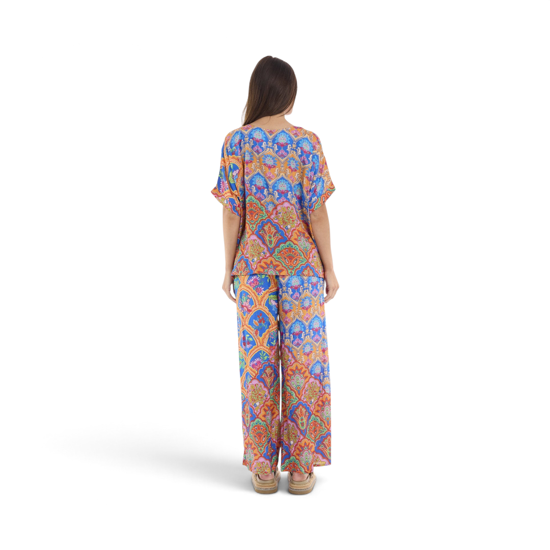 The Happy Shoe Shop Orientique Escape Aurora oversized rayon top and matching pants with a vibrant paisley floral print