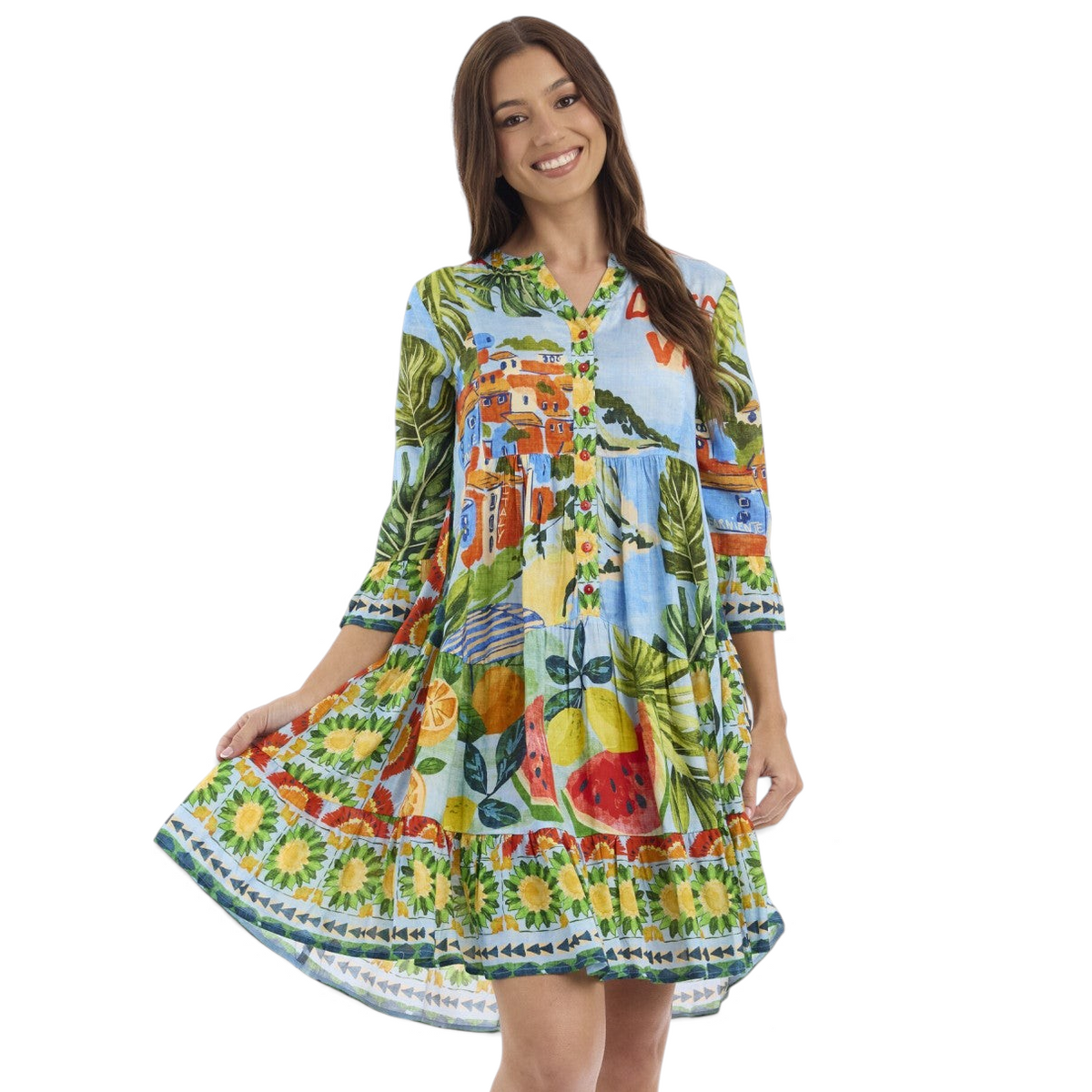 The Happy Shoe Shop Orientique Escape dress with a vibrant Mediterranean print, V-neck, and tiered rayon skirt.