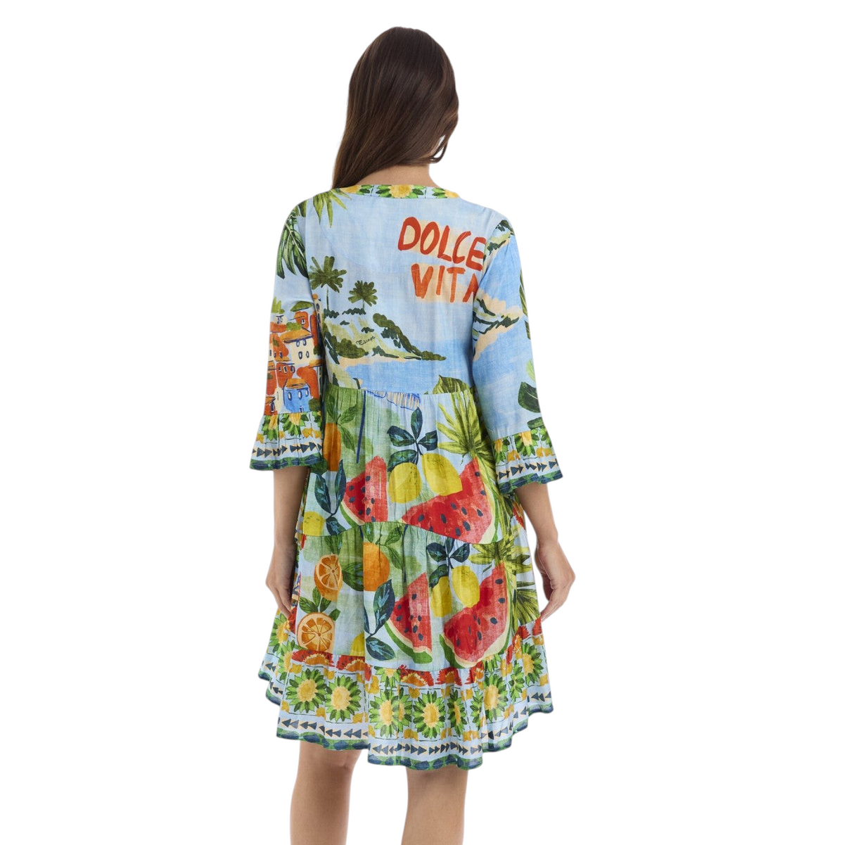 The Happy Shoe Shop Orientique Escape layered rayon dress with a vibrant Mediterranean scenic print and tiered skirt.