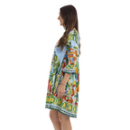 The Happy Shoe Shop Orientique Escape rayon tiered dress with Mediterranean print, V-neck, and 3/4 sleeves, side view