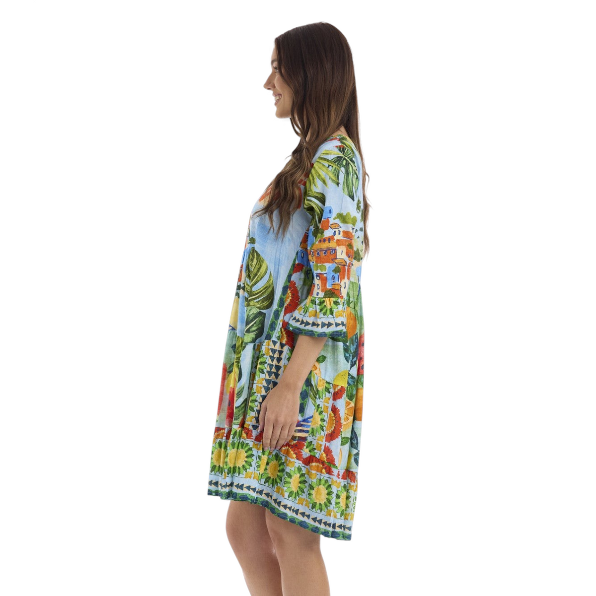 The Happy Shoe Shop Orientique Escape rayon tiered dress with Mediterranean print, V-neck, and 3/4 sleeves, side view