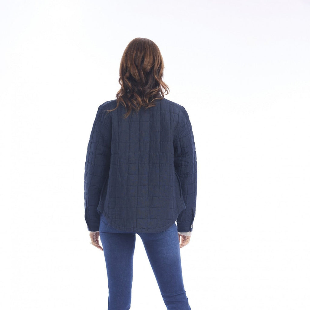 The Happy Shoe Shop Orientique Escape navy blue quilted linen padded coat worn by a woman from the back view.
