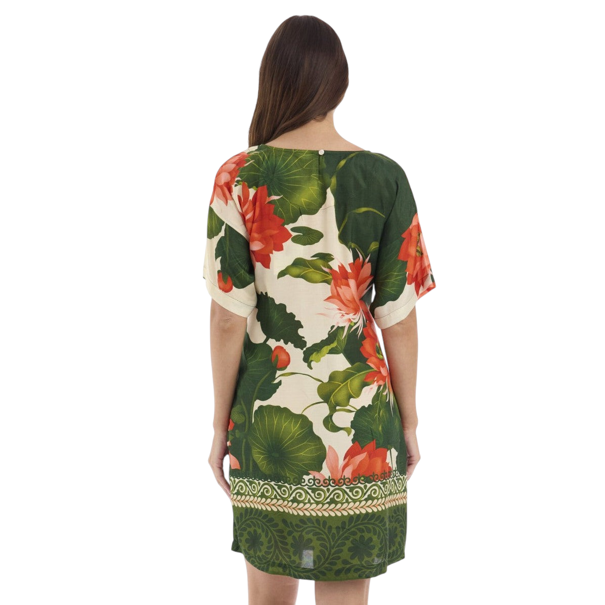 Back view of The Happy Shoe Shop Orientique Escape rayon dress with green and orange floral print and tie waist.