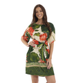 The Happy Shoe Shop Orientique Escape rayon dress with green and orange floral print, tie waist, and short sleeves.