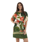 The Happy Shoe Shop Orientique Escape rayon dress with green and orange floral print, tie waist, and short sleeves.