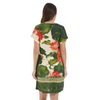 Back view of The Happy Shoe Shop Orientique Escape shift dress in green rayon with floral lotus print