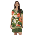 The Happy Shoe Shop Orientique Escape shift dress in cream and green with floral print, V-neck, and short sleeves.
