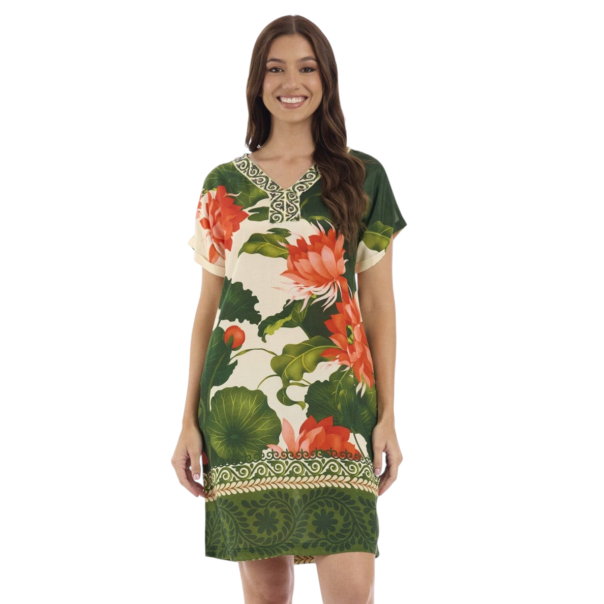 The Happy Shoe Shop Orientique Escape shift dress in cream and green with floral print, V-neck, and short sleeves.