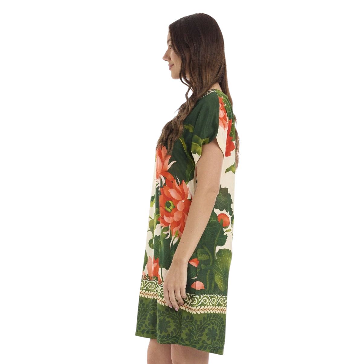 The Happy Shoe Shop Orientique Escape shift dress in green and orange floral rayon with a relaxed knee-length fit.