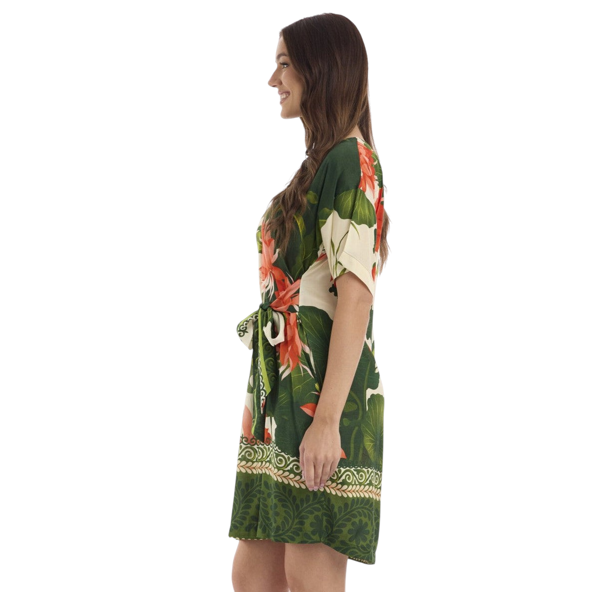 The Happy Shoe Shop Orientique Escape rayon dress with green floral print, tie waist, and short sleeves, side view.