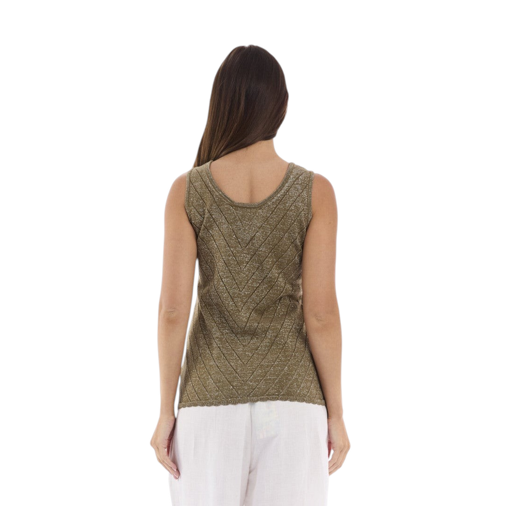 The Happy Shoe Shop Orientique Escape knit cami in olive green with chevron texture and lurex shimmer, back view.