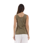 The Happy Shoe Shop Orientique Escape knit cami in olive green with chevron texture and lurex shimmer, back view.