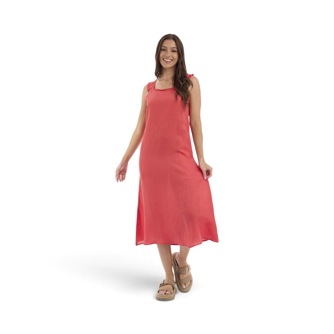 Model wearing a coral Orientique Escape linen blend midi dress with ruffle straps from The Happy Shoe Shop