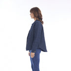 The Happy Shoe Shop Orientique Escape navy blue quilted linen coat worn by a model in profile view.