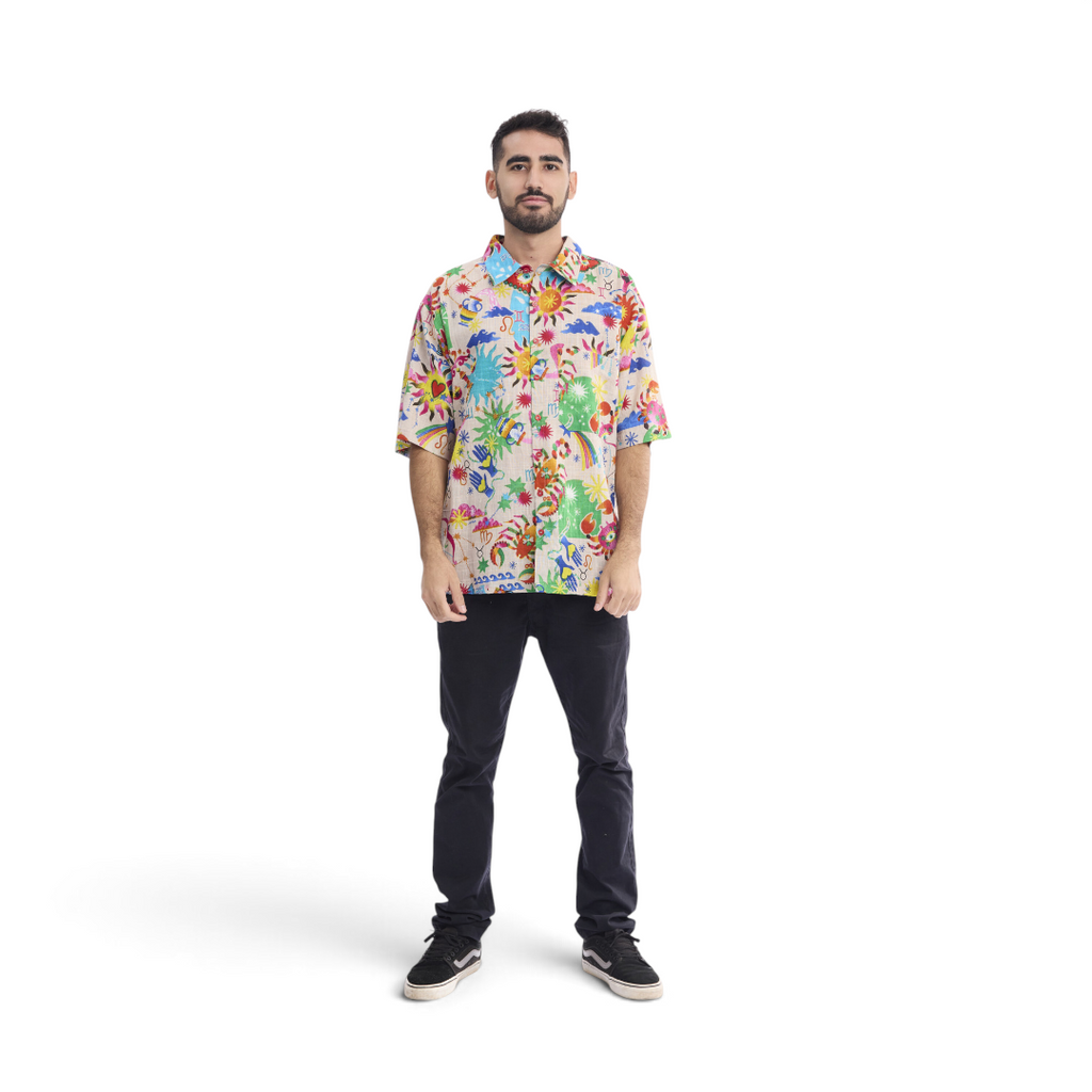 The Happy Shoe Shop Orientique men's short sleeve organic cotton shirt with a colorful abstract patchwork print.