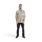 The Happy Shoe Shop Orientique men's short sleeve organic cotton shirt with a colorful abstract patchwork print.