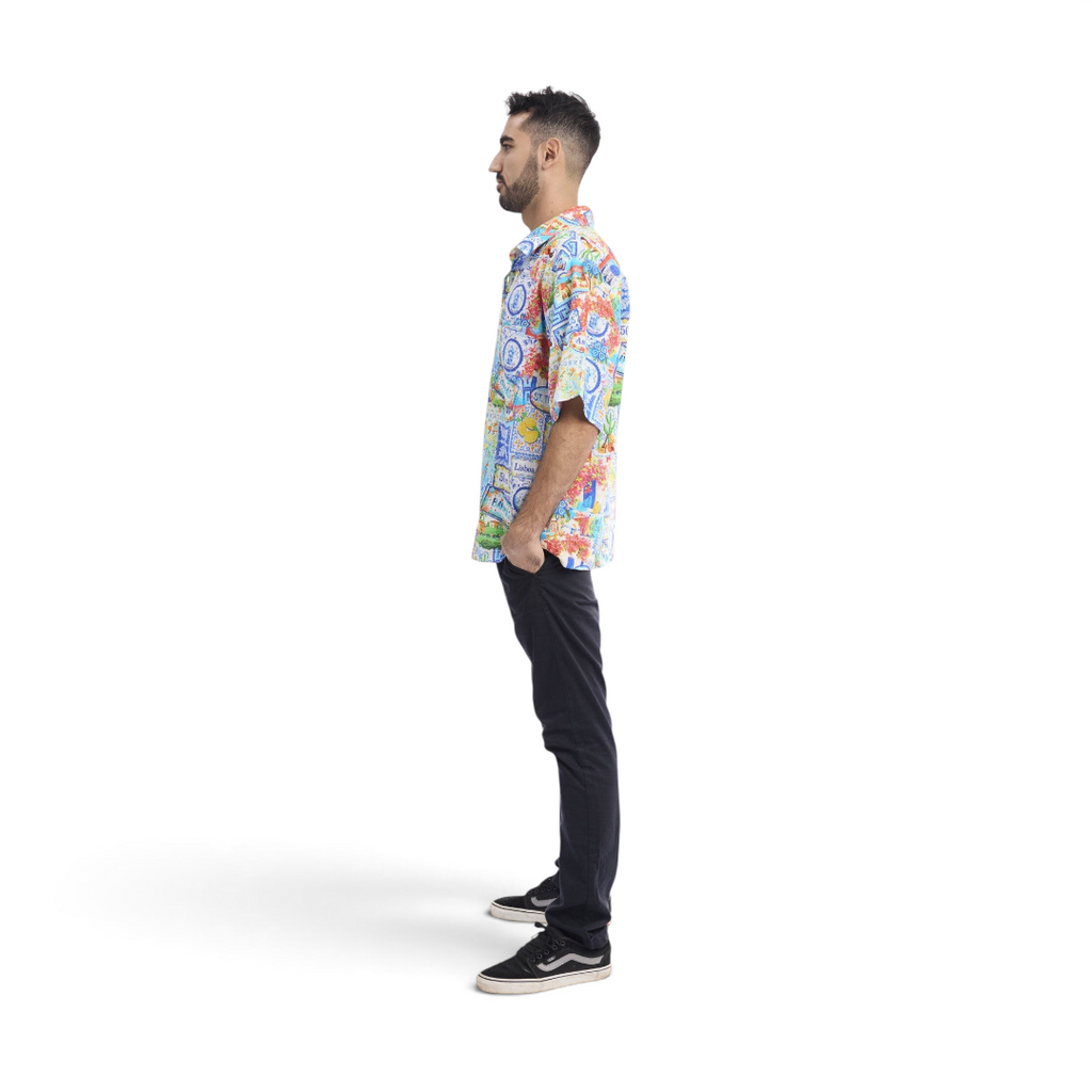 The Happy Shoe Shop Orientique men's short sleeve organic cotton shirt with a colourful patchwork travel print.