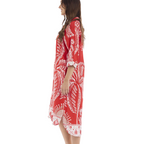 The Happy Shoe Shop Orientique Escape red midi dress with white paisley print, three-quarter sleeves, and side view.