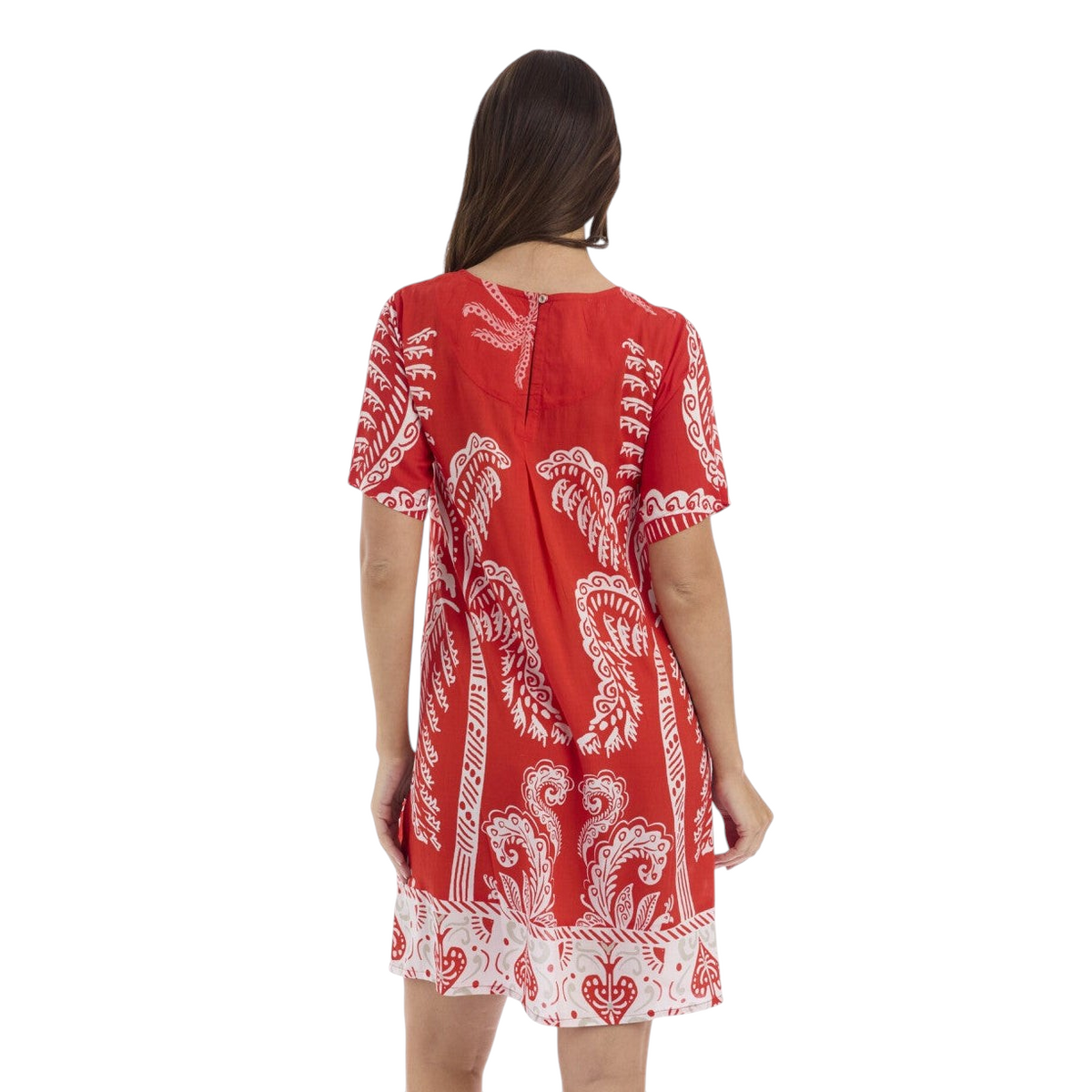 The Happy Shoe Shop Orientique red rayon dress with white palm print, short sleeves, and back pleat detail.