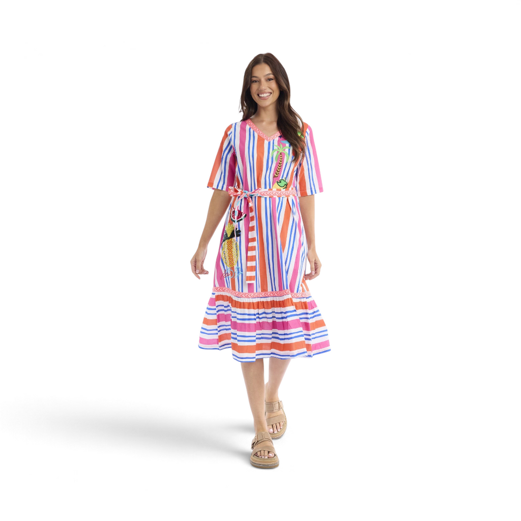 Model wearing The Happy Shoe Shop Orientique Escape Demi V-neck midi dress in multi-colour striped organic cotton