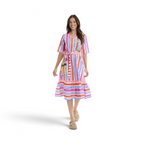 Model wearing The Happy Shoe Shop Orientique Escape Demi V-neck midi dress in multi-colour striped organic cotton