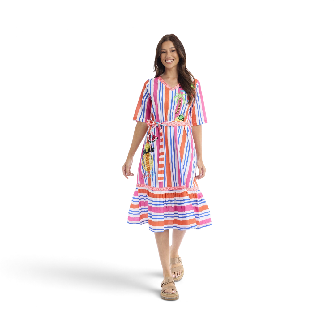 Model wearing The Happy Shoe Shop Orientique Escape Demi V-neck midi dress in multi-colour striped organic cotton