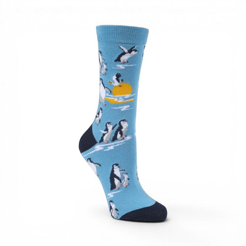 The Happy Shoe Shop Unisex blue bamboo socks with a pattern of penguins and a yellow sun.