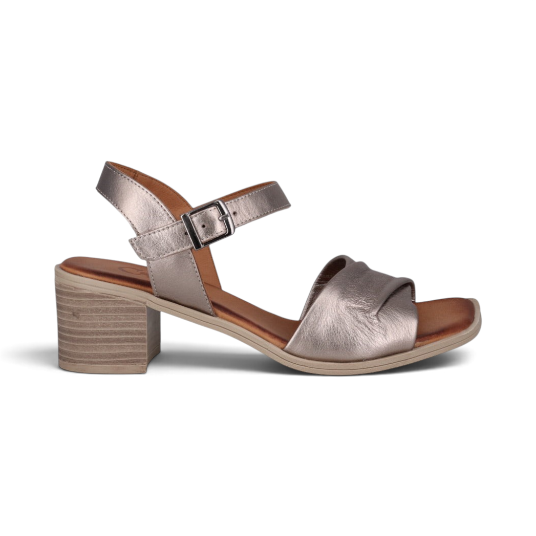 The Happy Shoe Shop Cabello Wiley pewter leather mid-heel sandal with square toe, block heel, and adjustable strap.