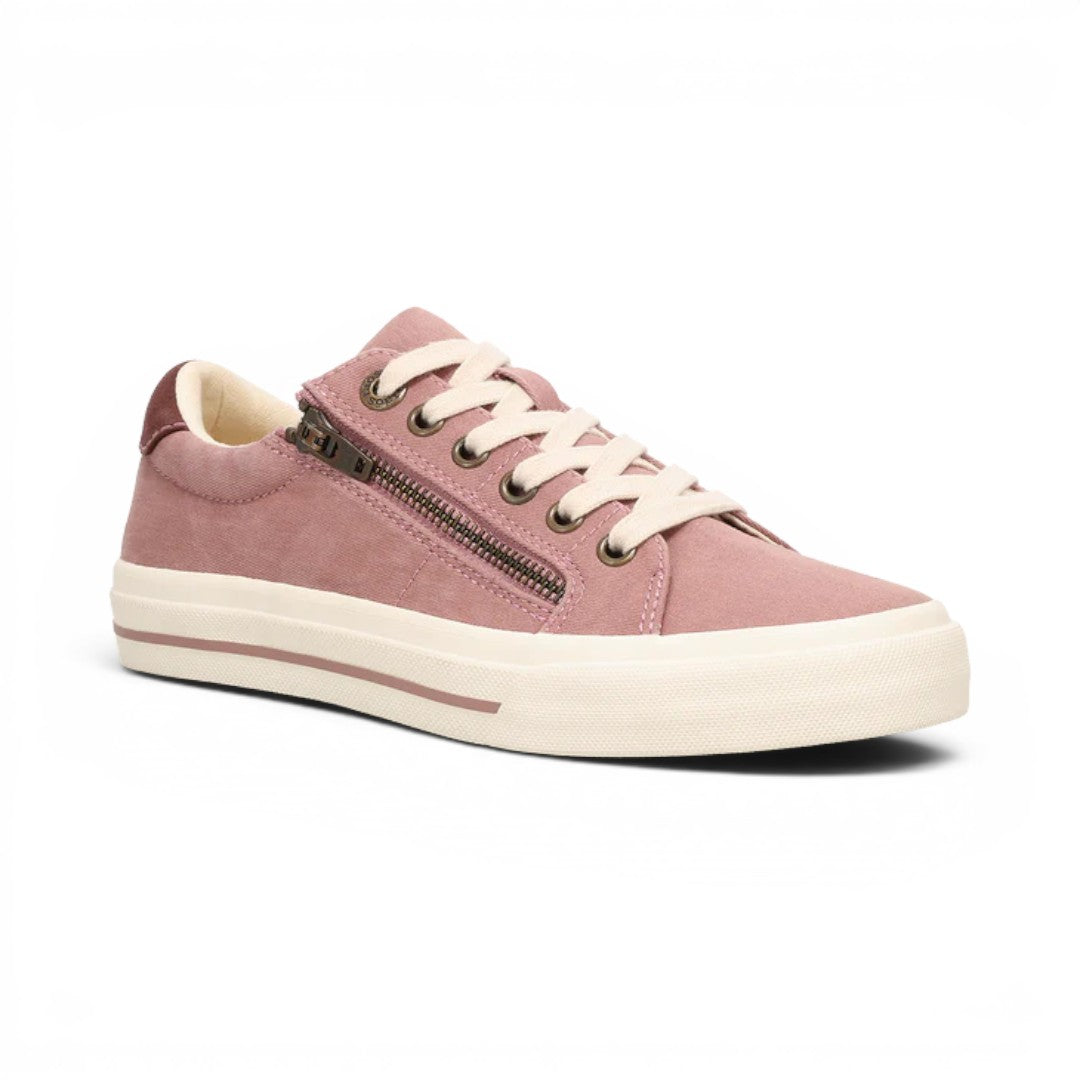 The Happy Shoe Shop Taos Z Soul dusty pink canvas sneaker with side zipper, lace-up closure, and white rubber sole.
