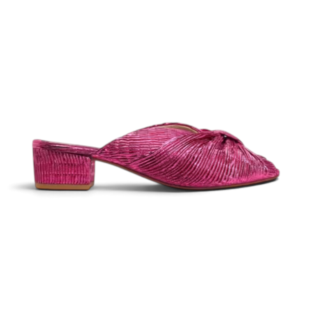 The Happy Shoe Shop Via Nova Penny dress sandal in metallic pink leather with a low block heel and knotted detail.
