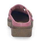 The Happy Shoe Shop Josef Seibel Carmaux 05 pink suede slide with a chunky lugged sole and adjustable buckle strap.