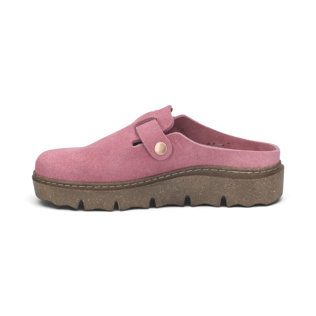 The Happy Shoe Shop Josef Seibel Carmaux 05 pink suede slide with adjustable buckle and chunky lugged sole