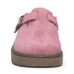 The Happy Shoe Shop Josef Seibel Carmaux 05 pink suede slide with adjustable buckle and chunky lugged sole