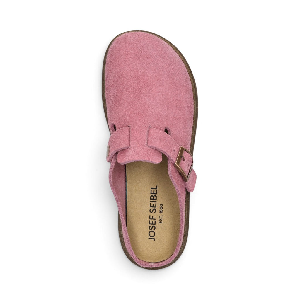 The Happy Shoe Shop Josef Seibel Carmaux 05 pink suede slide with adjustable buckle strap and chunky lugged sole