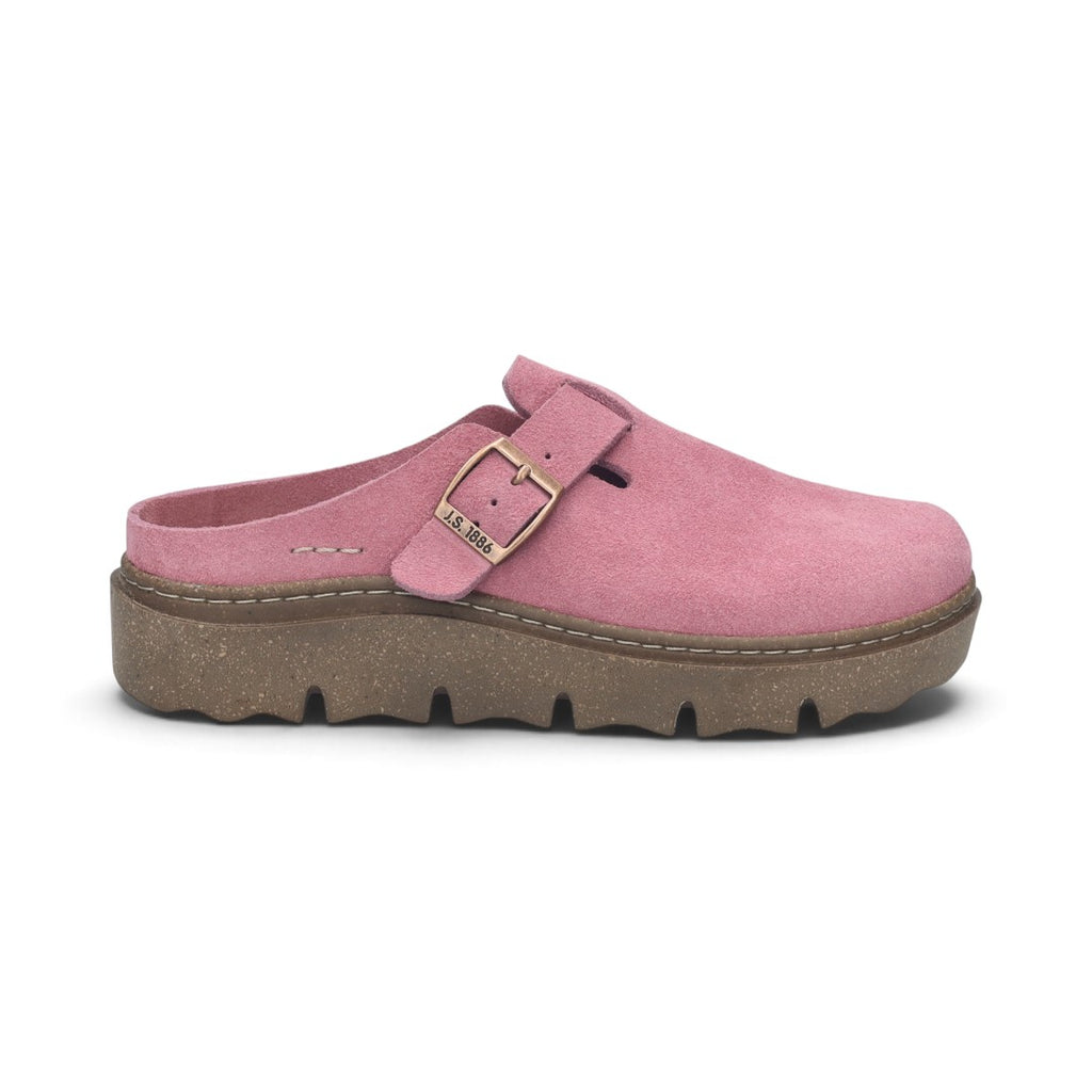 The Happy Shoe Shop Josef Seibel Carmaux 05 pink suede slide with adjustable buckle and chunky lugged sole