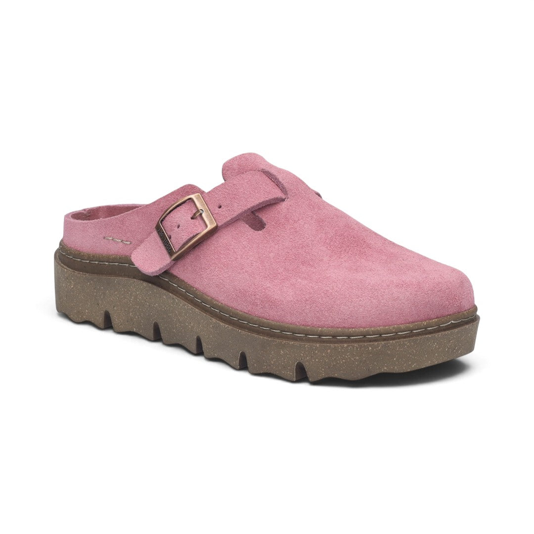 The Happy Shoe Shop Josef Seibel Carmaux 05 pink suede slide with adjustable buckle and chunky lugged sole.