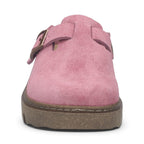 The Happy Shoe Shop Josef Seibel Carmaux 05 pink suede slide with adjustable buckle and chunky lugged sole